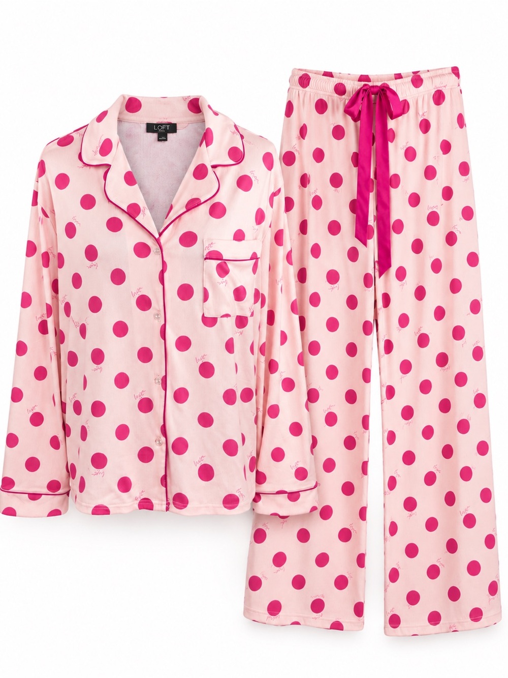NWOT Loft Hot Pink Polka Dot Pajama Set Soft Cozy Ribbed Fabric Size XL